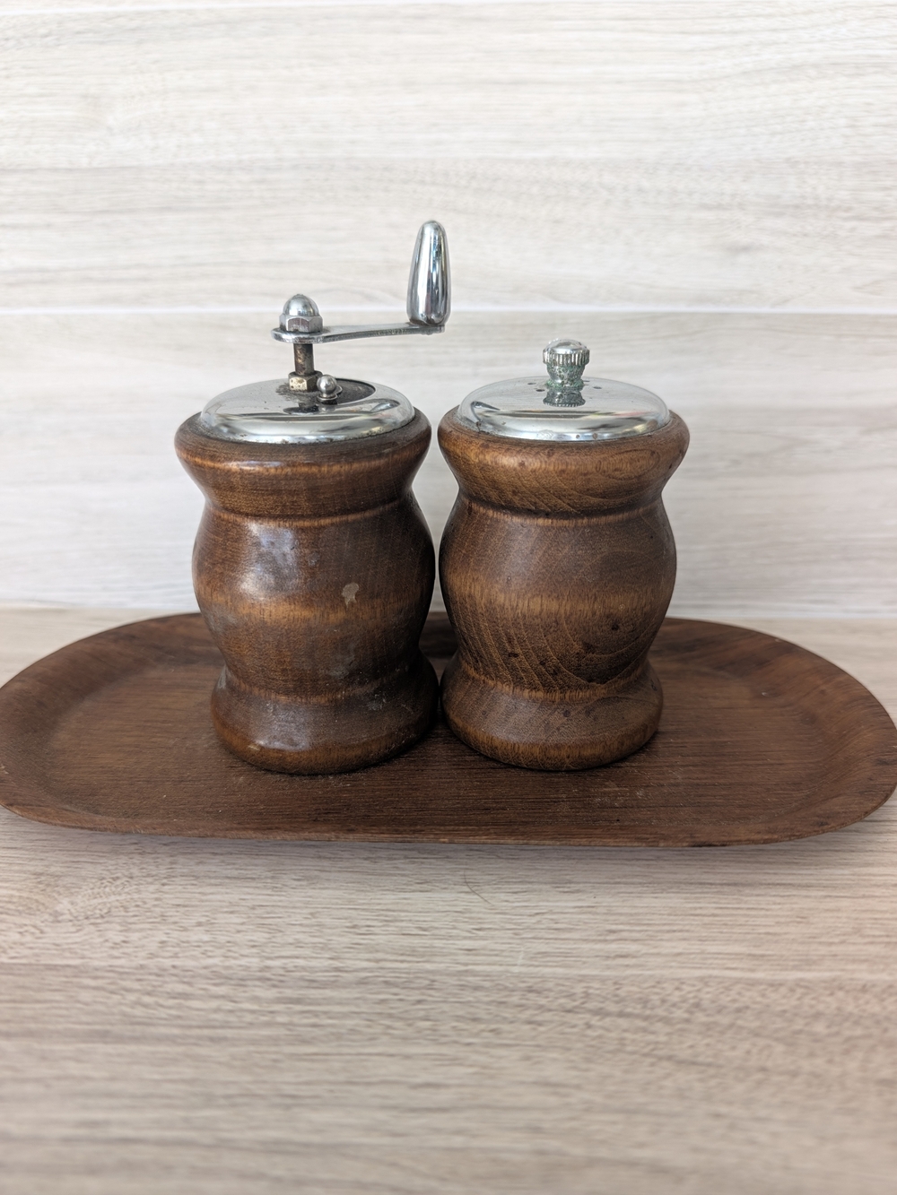 Vintage Mid-Century Wooden Pepper Grinder & Salt Shaker Set with Tray